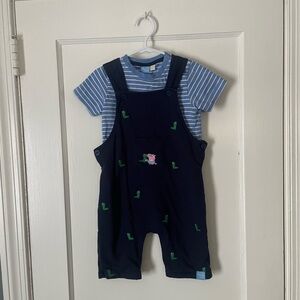 JoJo Maman Bebe Navy Overalls with Striped Blue Shirt Size 2-3T